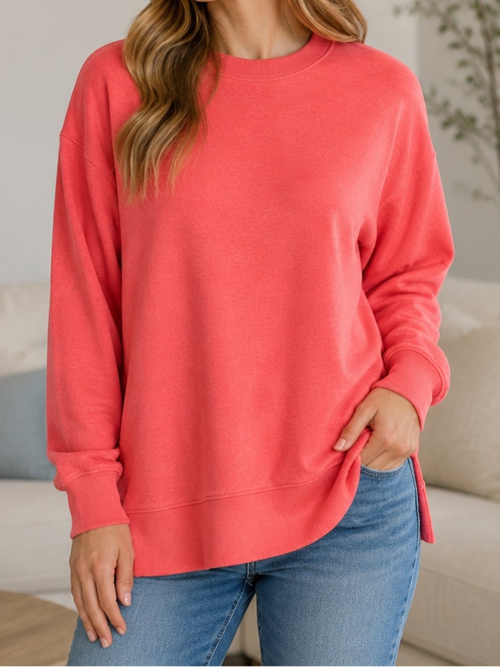 NEW Time and Tru OVERSIZED Coral Silk Relaxed Fit Sweatshirt